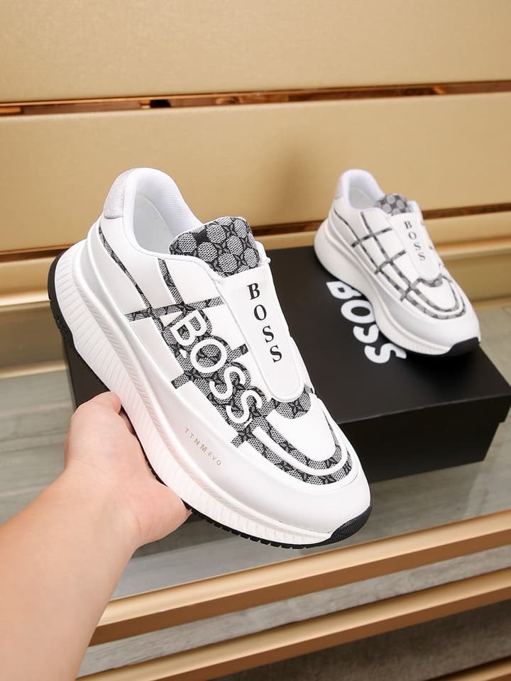 Boss New Men's Luxury Athletic Sneakers in Black With White Detail
