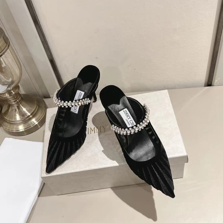 Jimmy Choo Pointed Toe Crystal Heeled Sandals – 2025 Collection in Black Suede