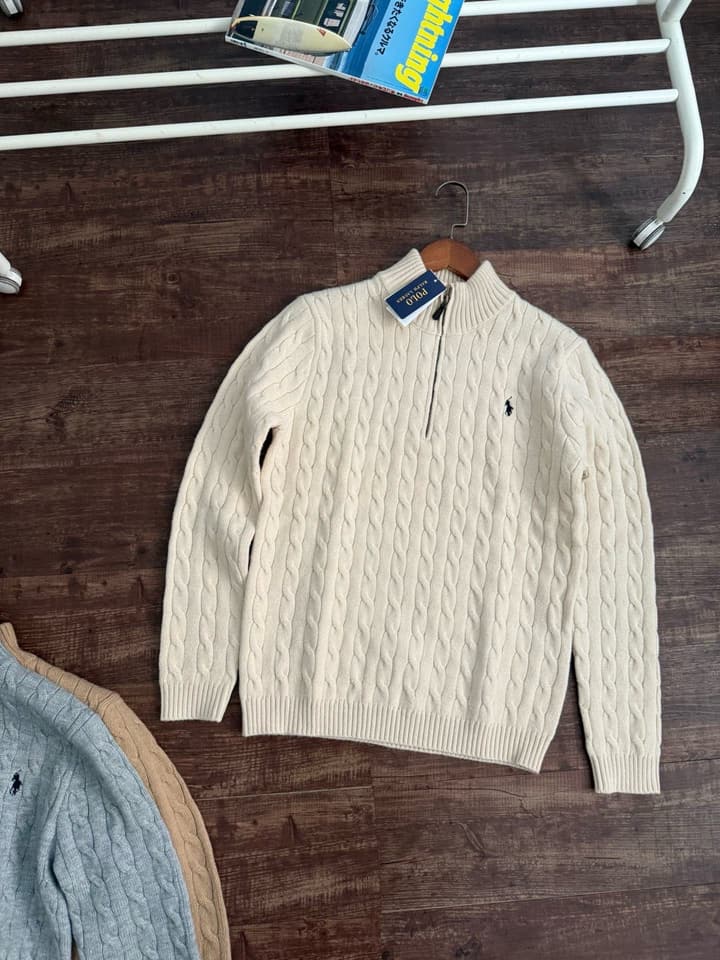 Ralph Lauren Half-Zip Cable Knit Sweater in Khaki
