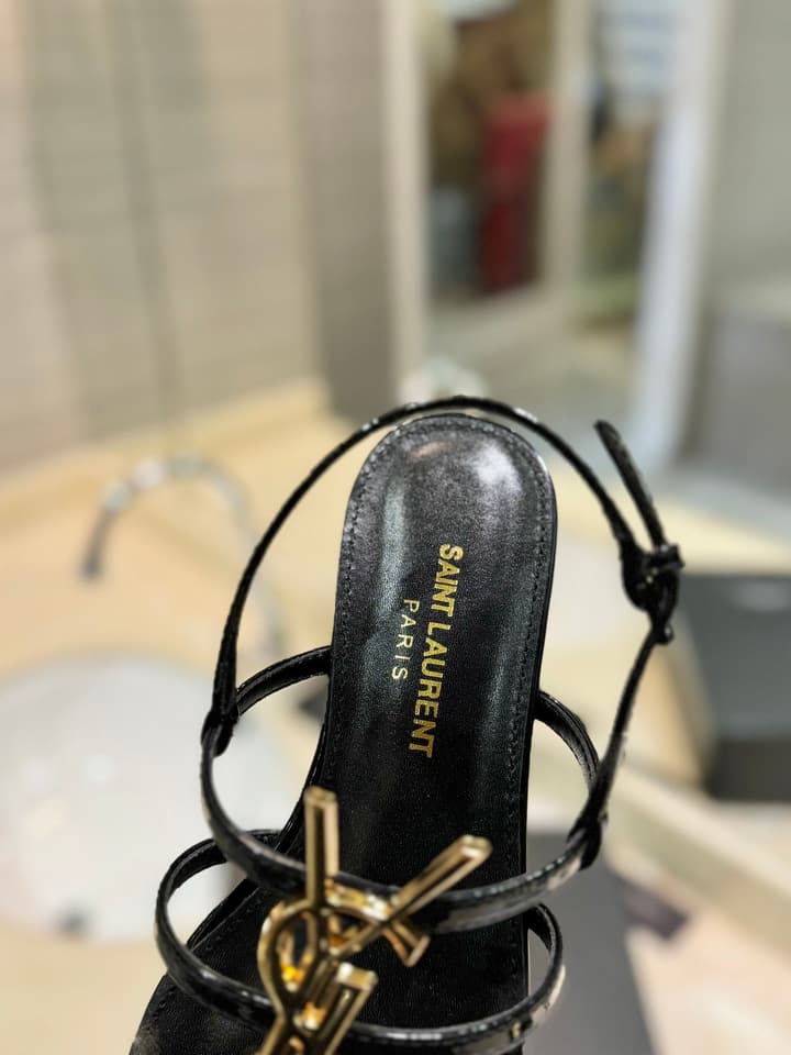 Saint Laurent YSL Metal Logo Heeled Sandals in Matte Black Criss-cross Strap Sandal