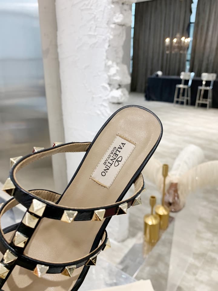 Valentino Rockstud Classic Block Heel Sandals in Nude With Gold Studs