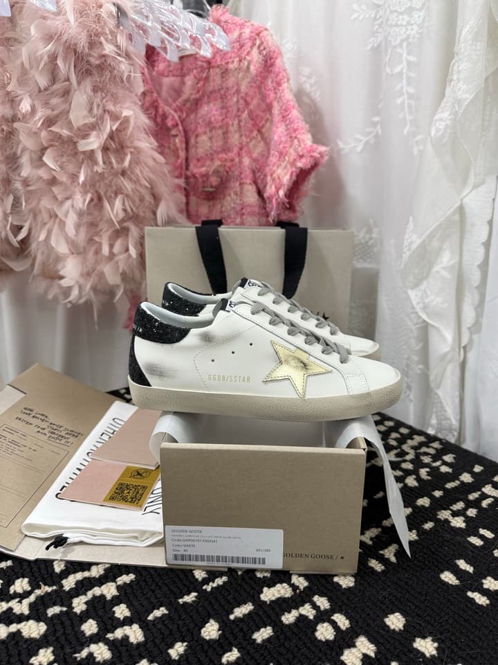 Golden Goose Super Star Rhinestone Leather Sneakers in Grey Suede Black Leather White Star
