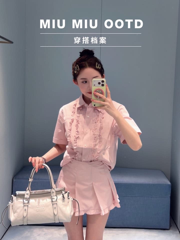 Miu Miu Embroidered Ruffle Shirt and Pleated Skort Set in Pink