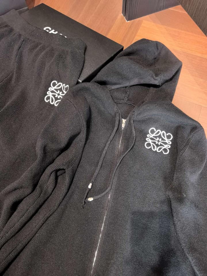 Loewe Classic Logo Embroidered Hooded Knit Set in Black