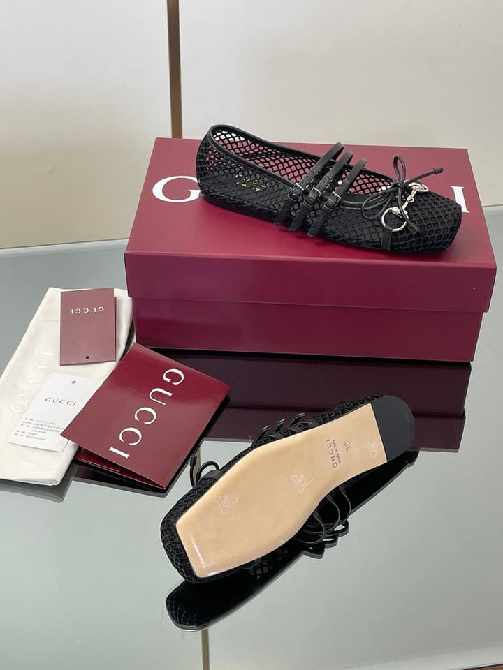 Gucci Horsebit Mesh Square-Toe Ballerina Flats – 25FW in Black Mesh