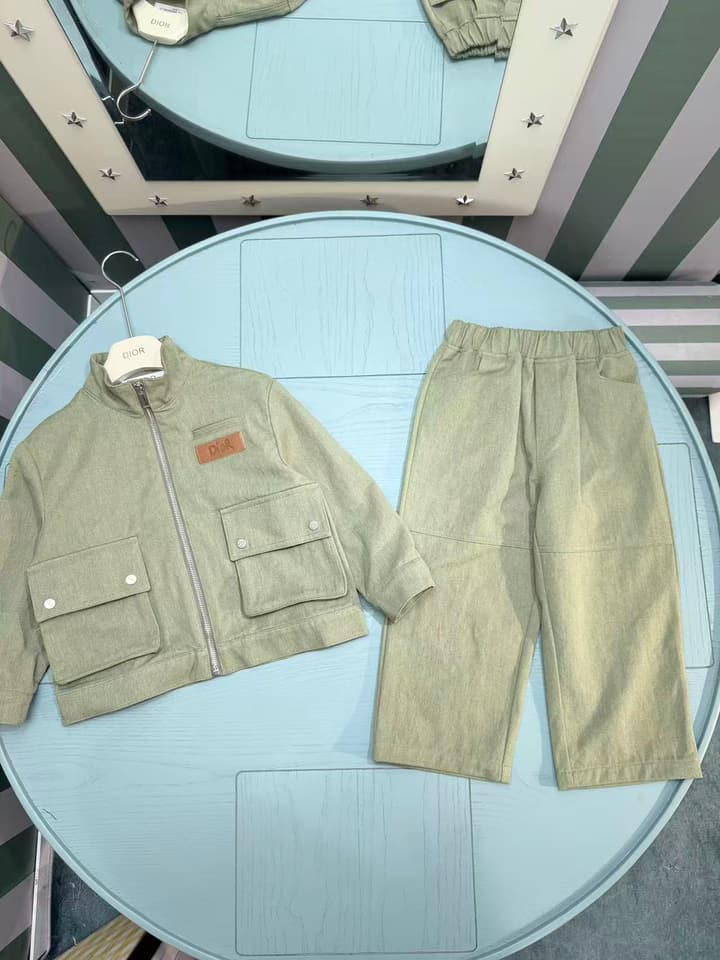 Dior Kids Two-Piece Outfit Set – Jacket and Washed Denim – 2025SS – Kids Collection in Light Sage Green Set