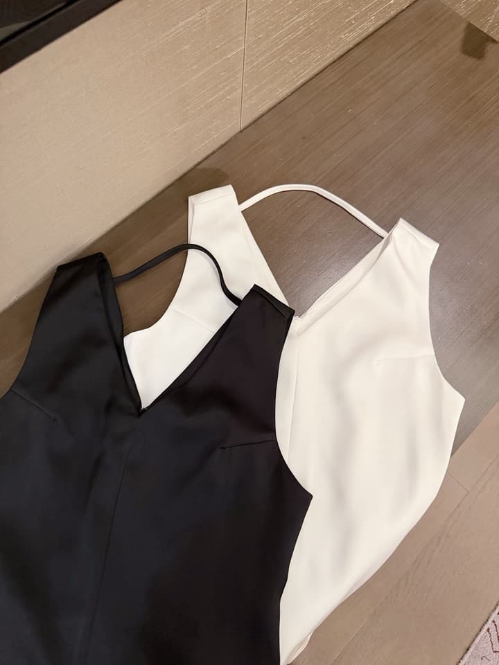Valentino V-Neck Satin Dress with V Logo Detail in Black