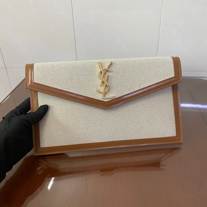 Saint Laurent Uptown Canvas Clutch Bag in Canvas With Caramel Trim