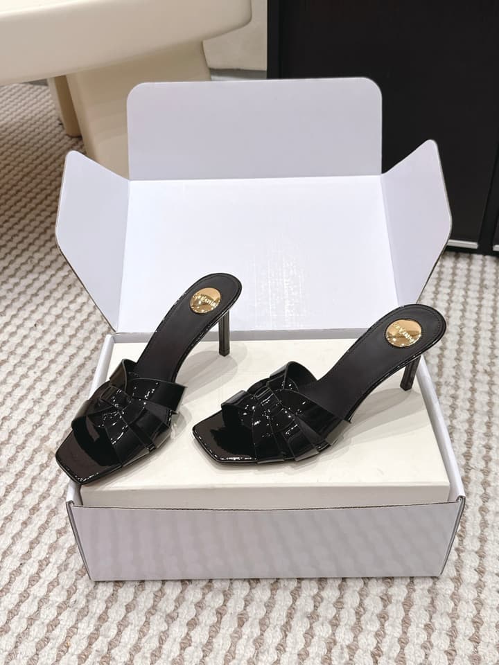 Saint Laurent Melody Square-Toe Heeled Sandals – 2026 Spring/Summer Collection in Beige Patent