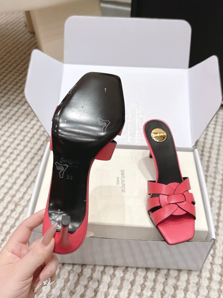 Saint Laurent Melody Square-Toe Heeled Sandals – 2026 Spring/Summer Collection in Beige Patent