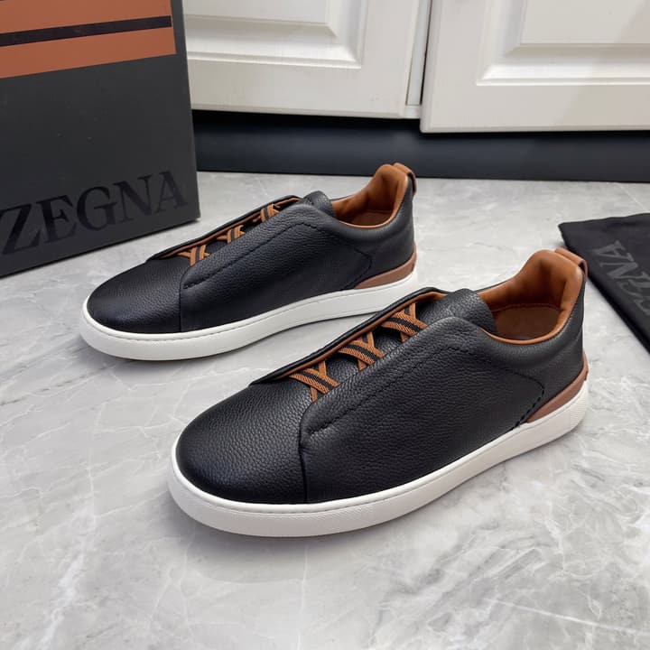 Zegna Triple Stitch Low-Top Sneakers in Navy Blue
