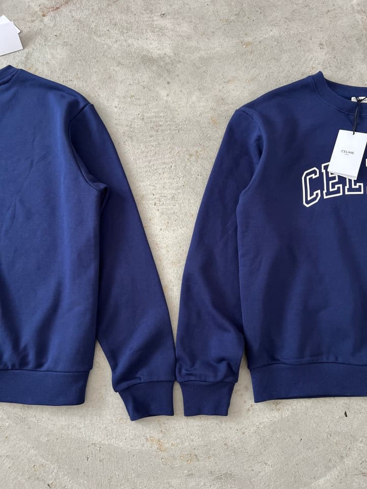 Celine Flocked Letter Pullover Sweatshirt – 2025FW in Navy Blue Folded
