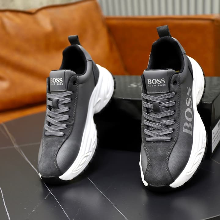 Boss Men's Luxury Running Sneakers in Black Mesh With White Sole