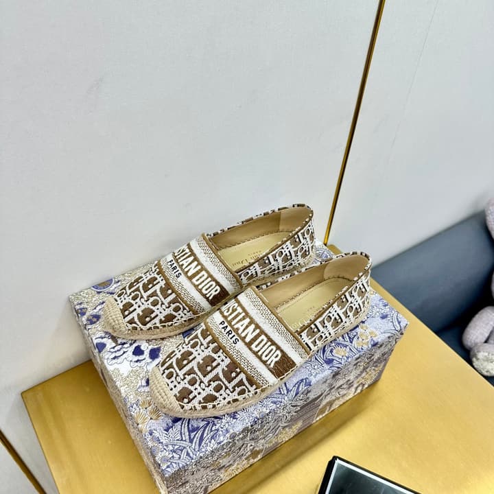 Dior Granville Embroidered Espadrille Flats in Beige/brown Oblique Pattern