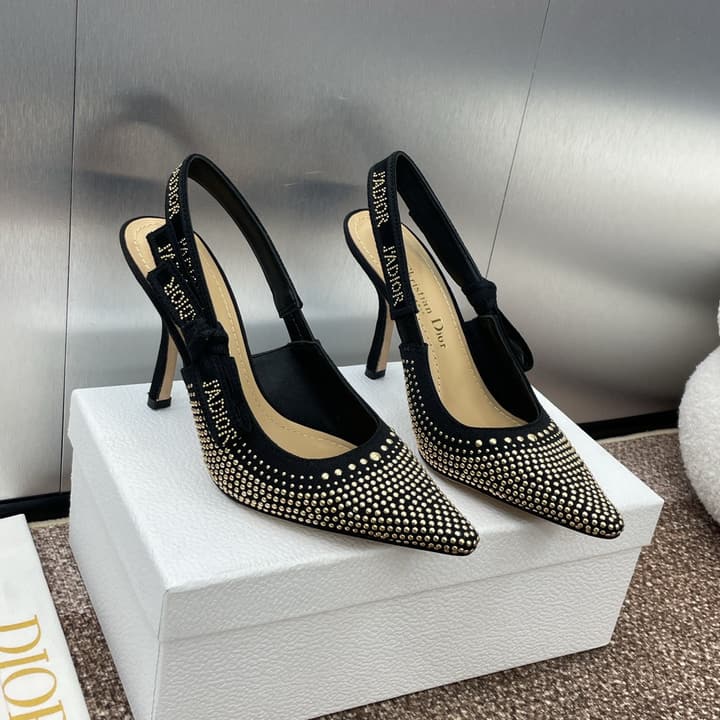 Dior J'Adior Rivet Heeled Sandals – 2024SS in Black Glitter Toe Slingback