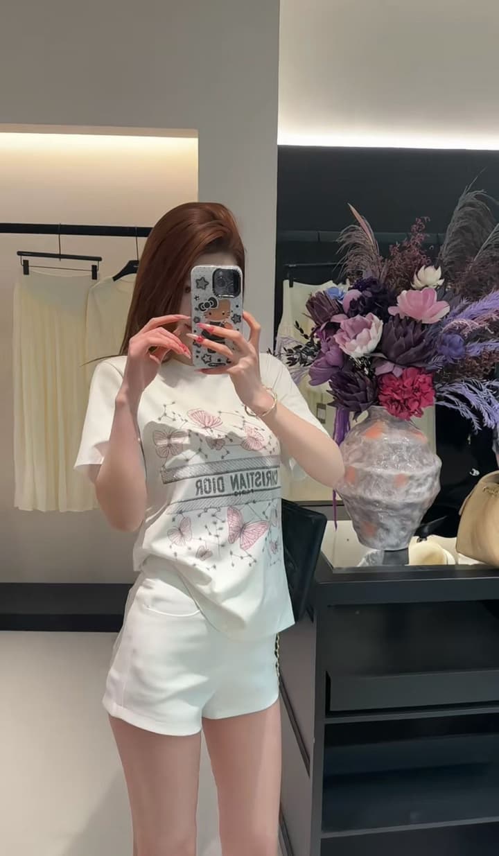 Dior Pink Butterfly Rhinestone Print T-Shirt in White With Pink Butterfly Print