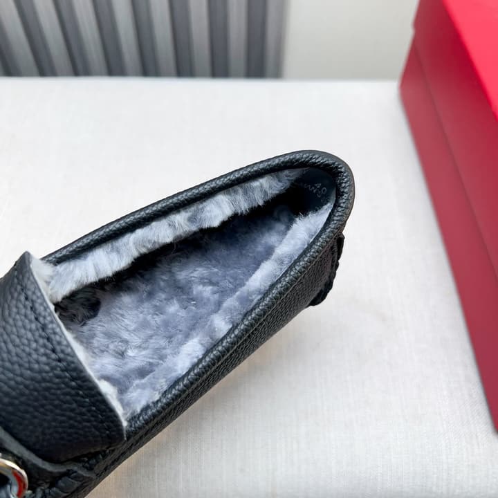 Ferragamo Imported Cowhide Fur-Lined Loafers in Black Patent Leather