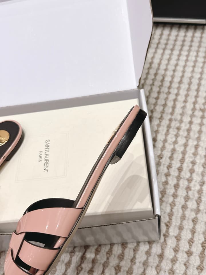 Saint Laurent Melody Square Toe Flat Sandals – 2026SS in Burgundy Patent