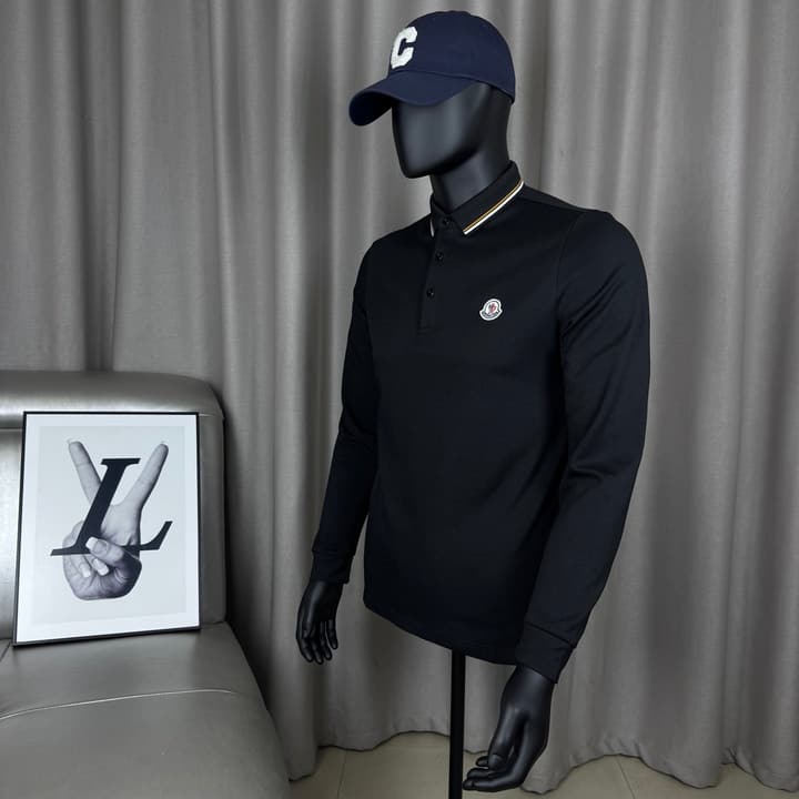 Moncler Classic Striped Collar Embroidered Long Sleeve Polo Shirt – Spring/Autumn Collection in Black With White Tipping (hanger)