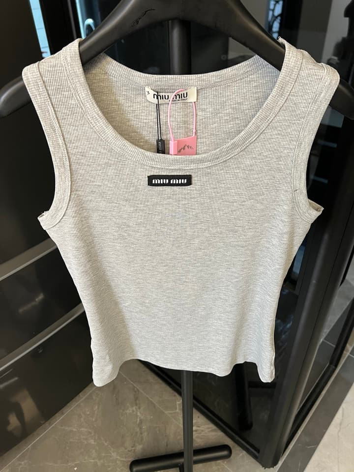 Miu Miu Ribbed Cotton Logo Tank Top – 25SS in Grey