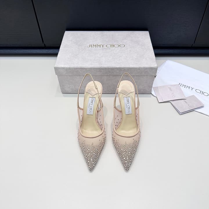 Jimmy Choo Mesh Rhinestone Slingback Heels – Spring/Summer Collection in Pure White