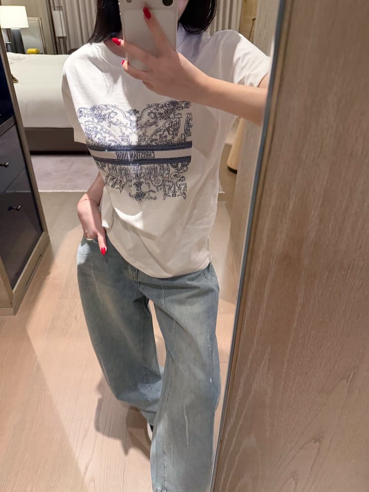 Dior Butterfly and Letter Print Rhinestone T-Shirt in White With Blue Print