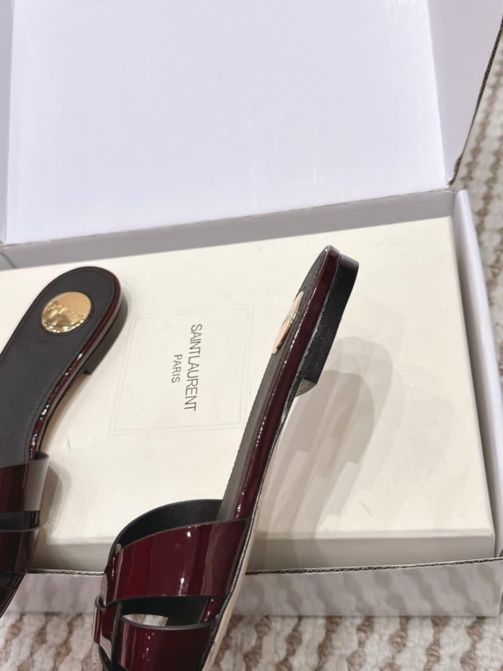 Saint Laurent Melody Square Toe Flat Sandals – 2026SS in Burgundy Patent