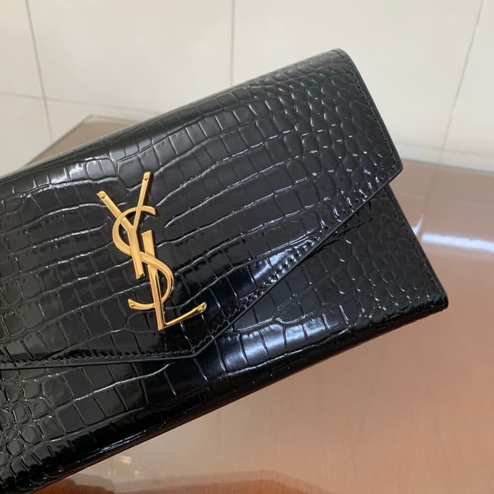 Saint Laurent Uptown Crocodile Embossed Long Wallet in Black Crocodile Embossed