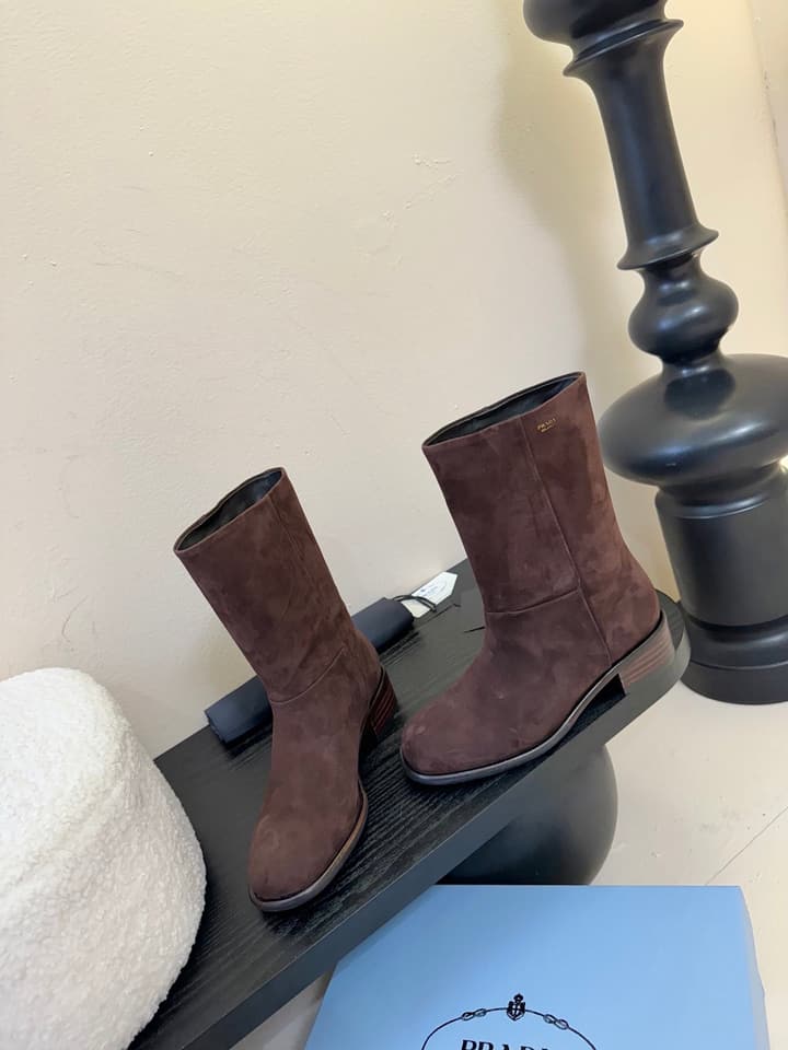 Prada Thick-Sole Knight Boots – 25SS in Dark Brown Suede