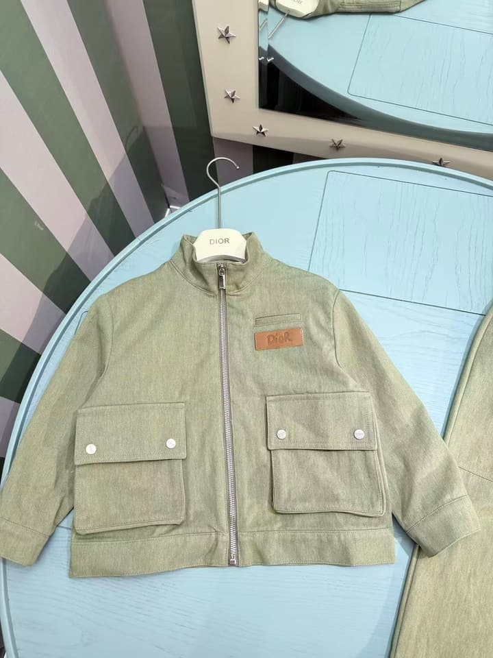 Dior Kids Two-Piece Outfit Set – Jacket and Washed Denim – 2025SS – Kids Collection in Light Sage Green Set