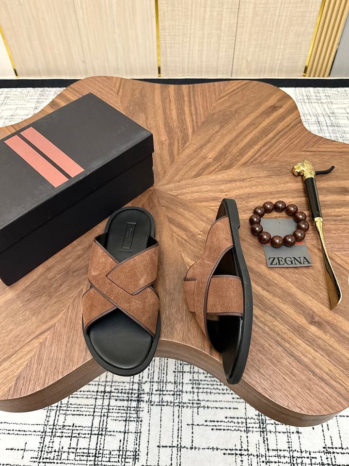 Zegna Men's Cross Strap Leather Slippers