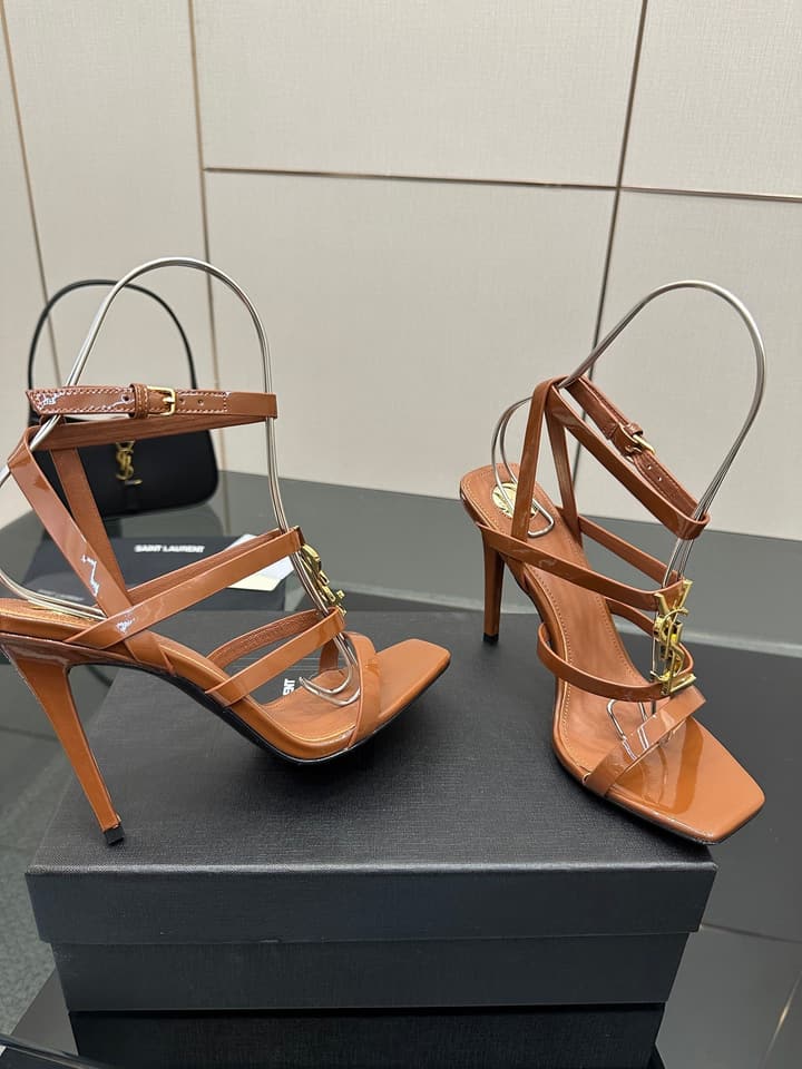 Saint Laurent Patent Leather Heeled Sandals in Bright Amber