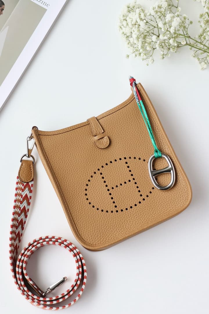 Hermès Mini Evelyne TPM – Biscuit with Colorful Strap in Biscuit With Colorful Strap