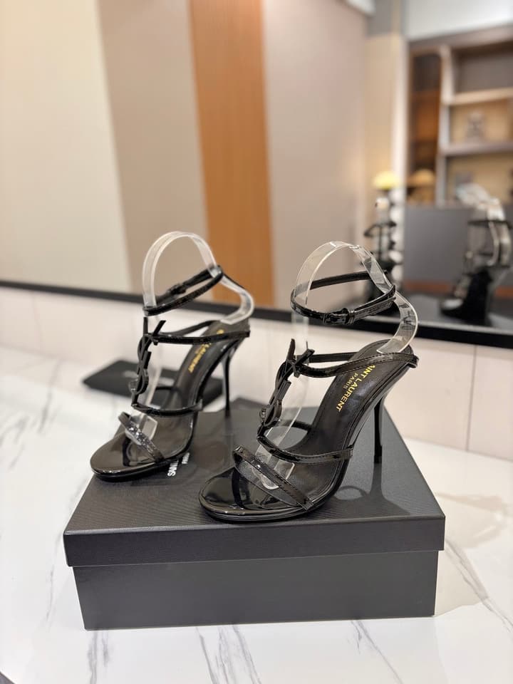 Saint Laurent YSL Logo Mirror Leather Heeled Sandals in Black With Black Logo