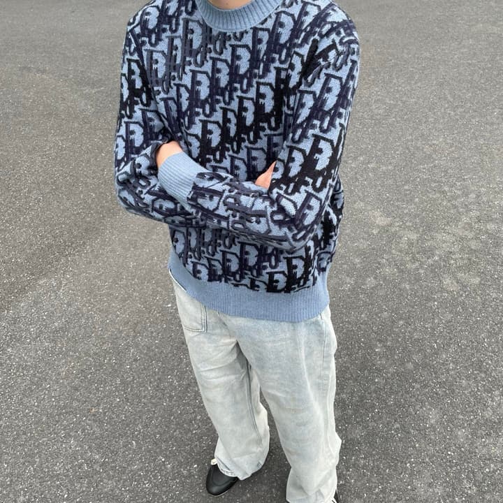 Dior Oblique Jacquard Wool Crewneck Sweater – 2026SS in Navy Oblique With Light Blue Trim