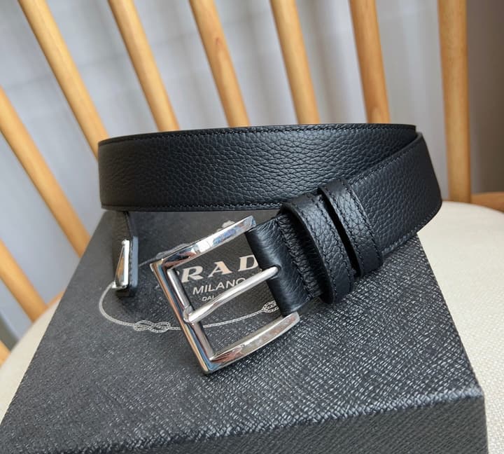 Prada Leather Belt with Triangle Logo in Black Leather Gold Buckle