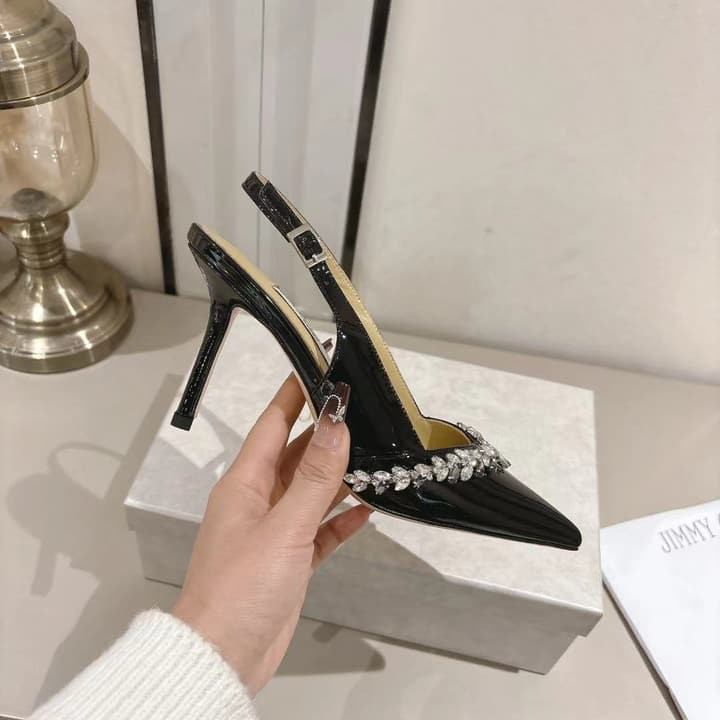 Jimmy Choo Pointed-Toe Crystal-Embellished Heeled Sandals – 2025 Summer in Black