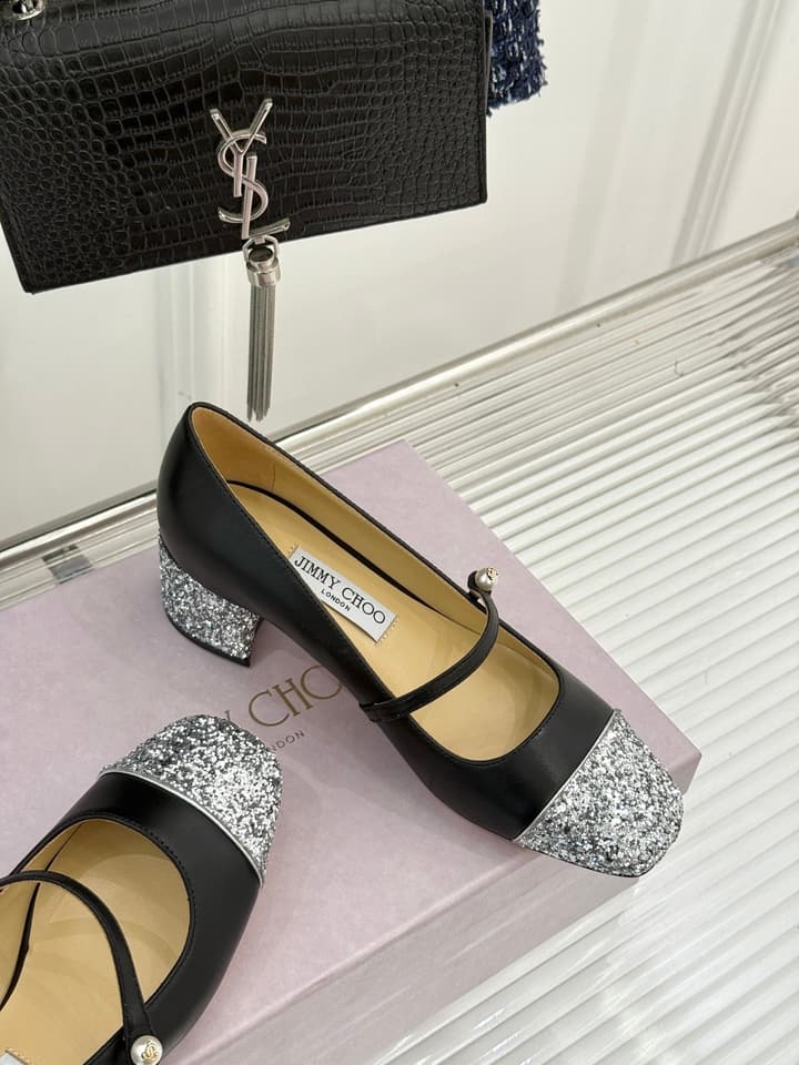 Jimmy Choo Color-block Pearl Mary Jane Heels – 25FW in Black Bow Detail