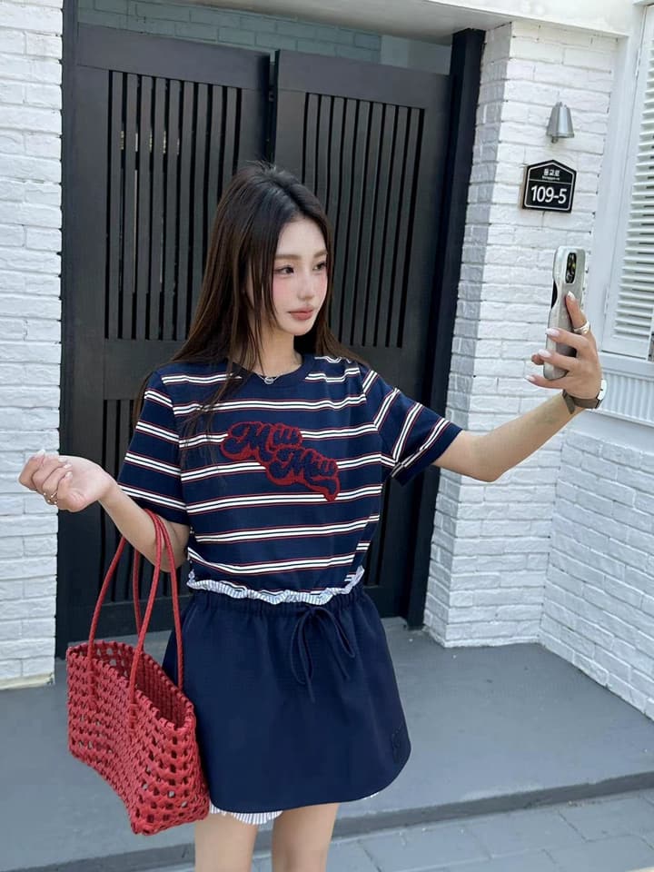 Miu Miu Embroidered Striped T-Shirt in Cream Striped