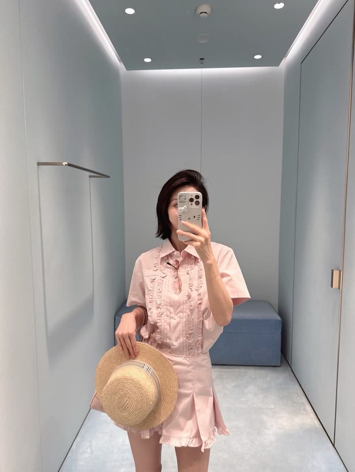 Miu Miu Embroidered Ruffle Shirt and Pleated Skort Set in Pink