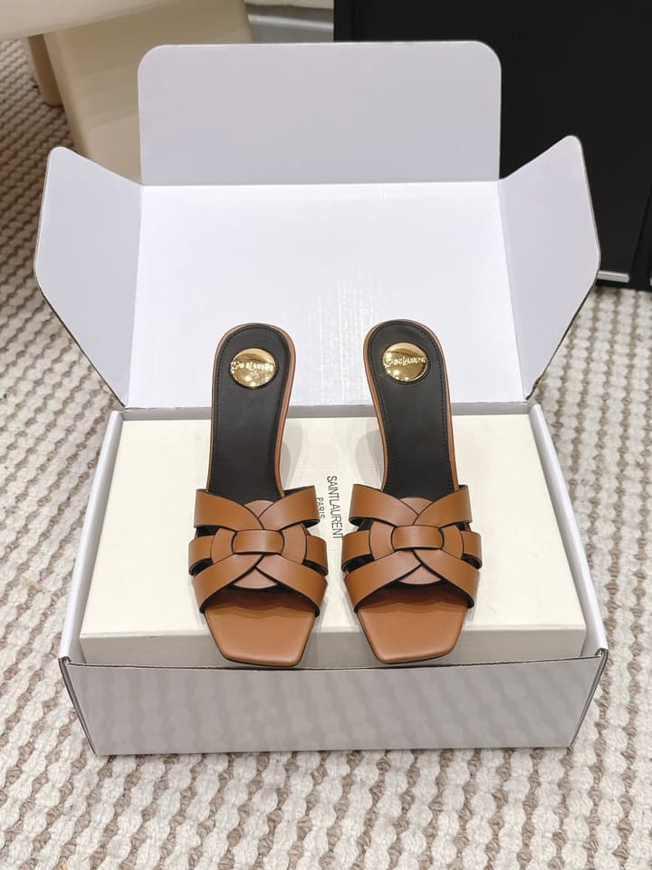 Saint Laurent Melody Square-Toe Heeled Sandals – 2026 Spring/Summer Collection in Beige Patent