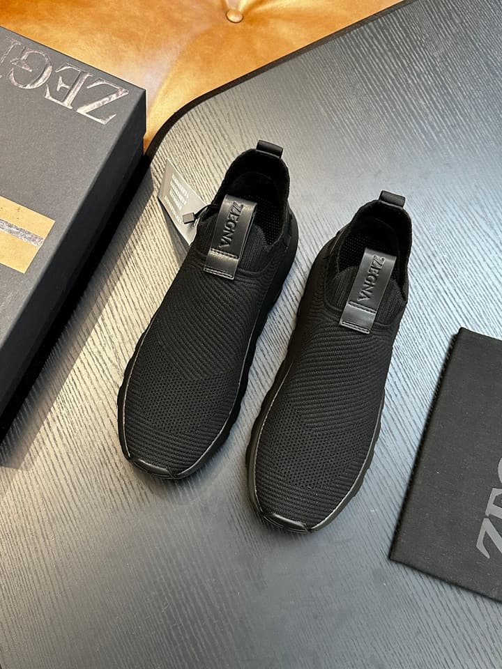 Zegna Techmerino Slip-On Sneakers in Dark Navy With Green Accent