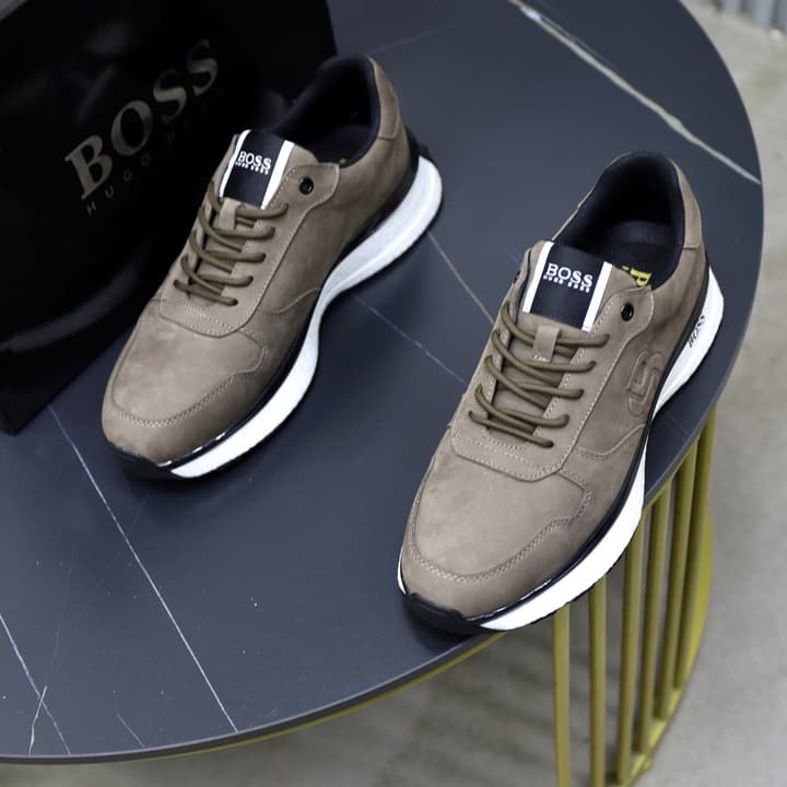 Boss Men's Luxury Running Sneakers in Black Mesh With White Sole