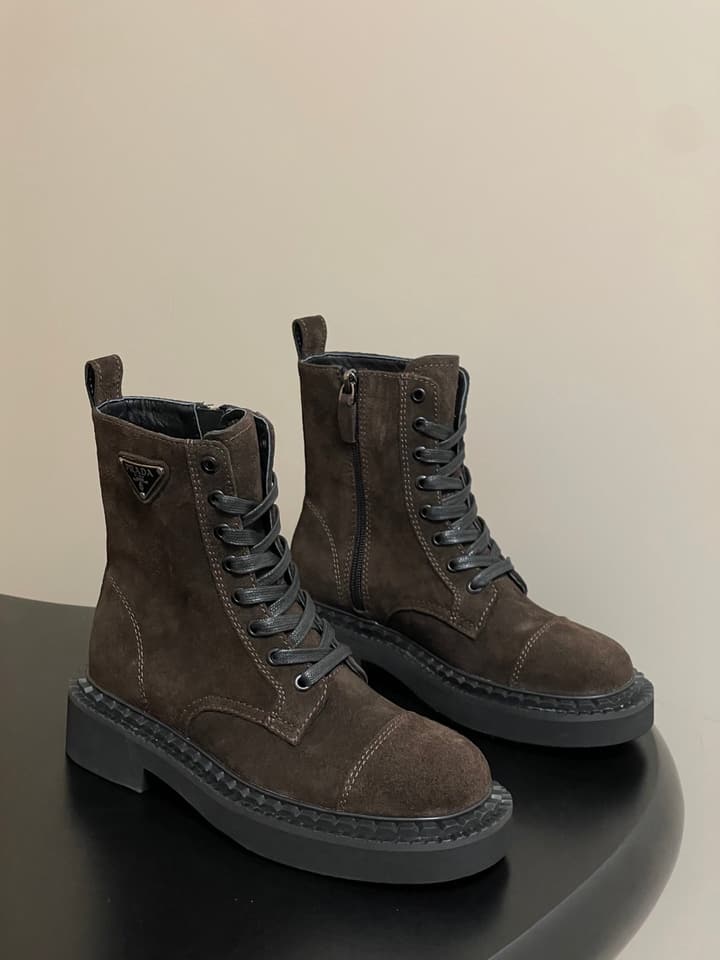 Prada Triangle Logo Combat Boots – 25SS in Black Suede
