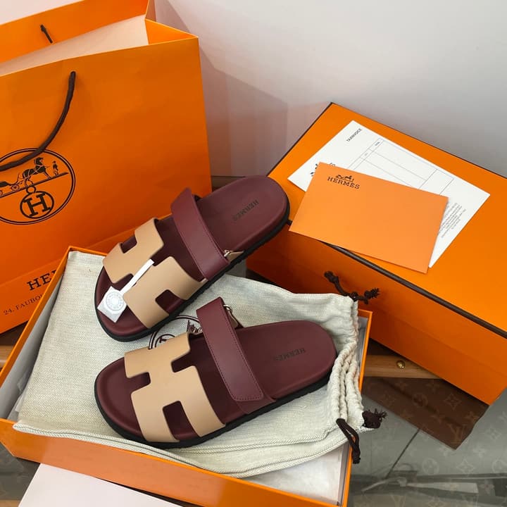 Hermès Chypre Suede Sandals in Burgundy And Beige