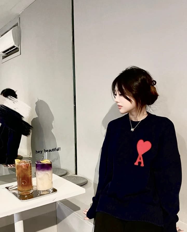 AMI Paris Heart Letter Knitted Sweater in Black With Red Heart