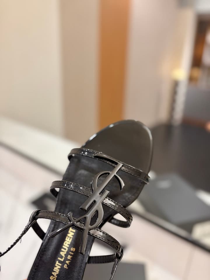 Saint Laurent YSL Metal Logo Heeled Sandals in Matte Black Criss-cross Strap Sandal