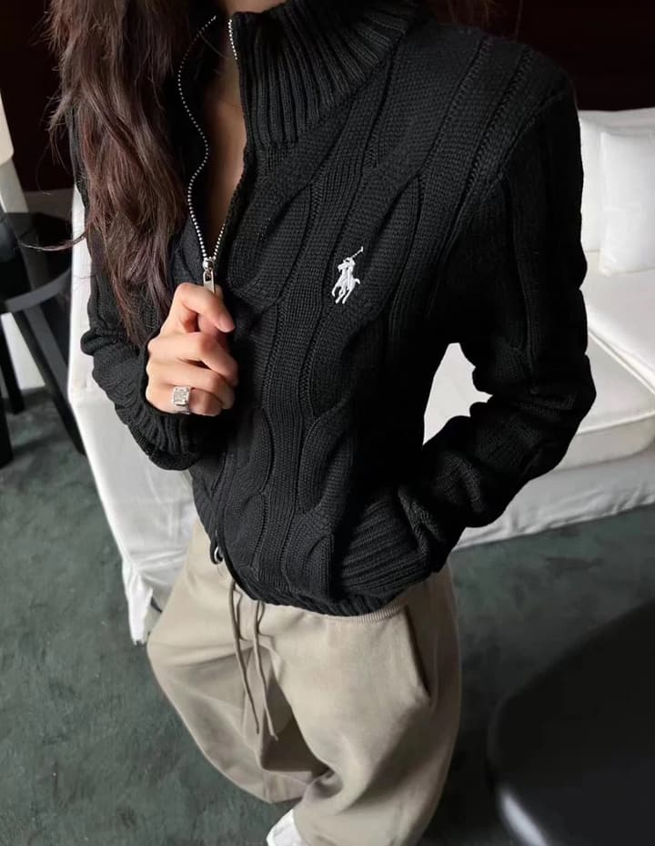 Ralph Lauren Double Zip Cable Knit Cardigan in Black Cable Knit Cardigan