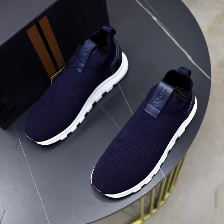 Zegna Cashmere Flyknit Sneakers in Navy Blue