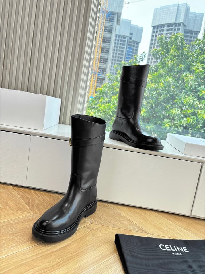 Celine Triomphe Knight Ankle Boots – 2025 Fall/Winter Collection in Black And Brown Leather Display